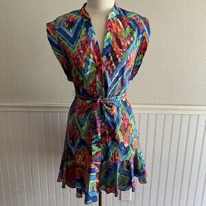Willa Story Button Front Mini Dress Tiered Ruffle Belted Watercolor Colorful M